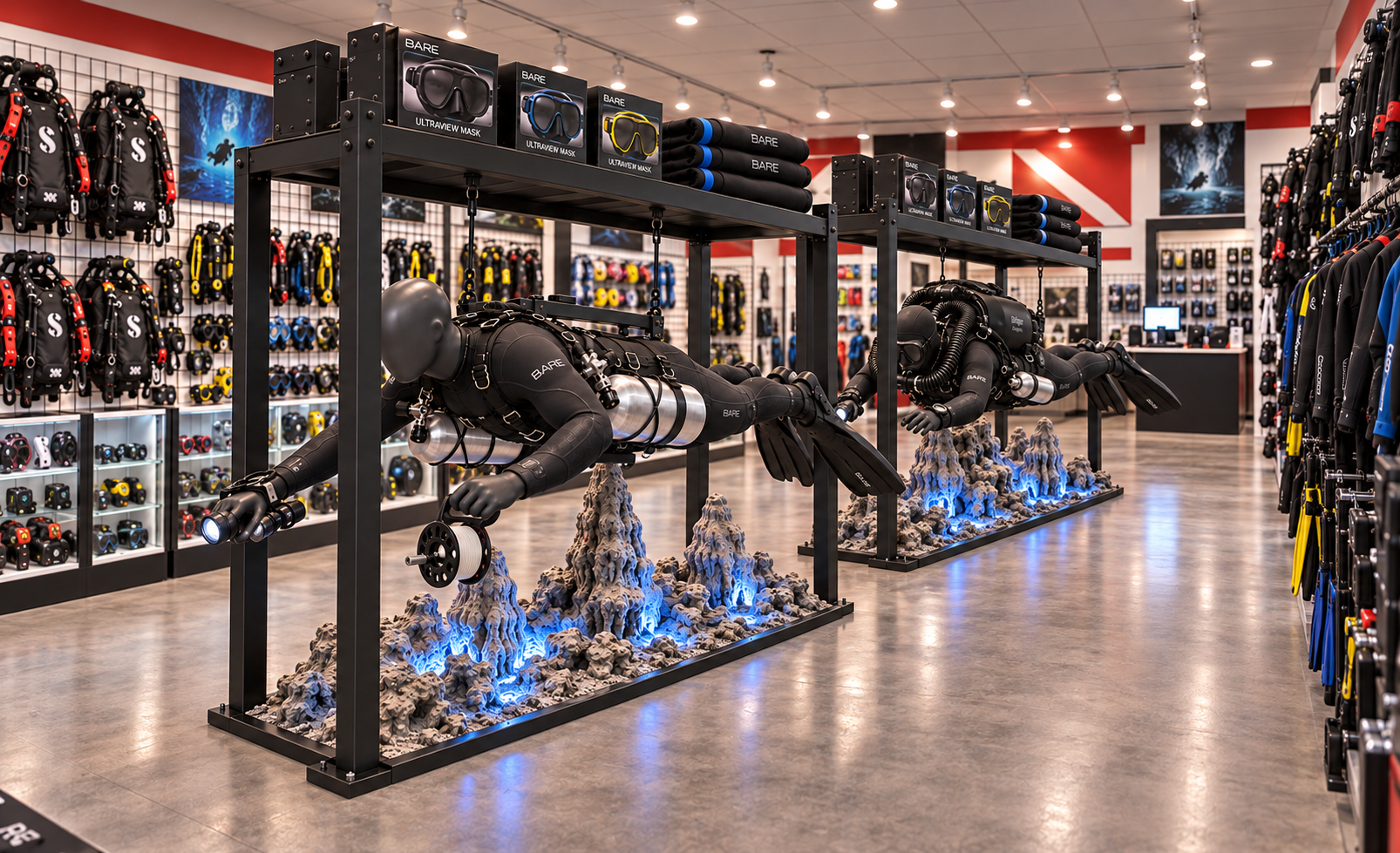 Sidemount and black Dolphin rebreather mannequins arranged as a buddy team in the center of the shop, above blue-lit rock displays