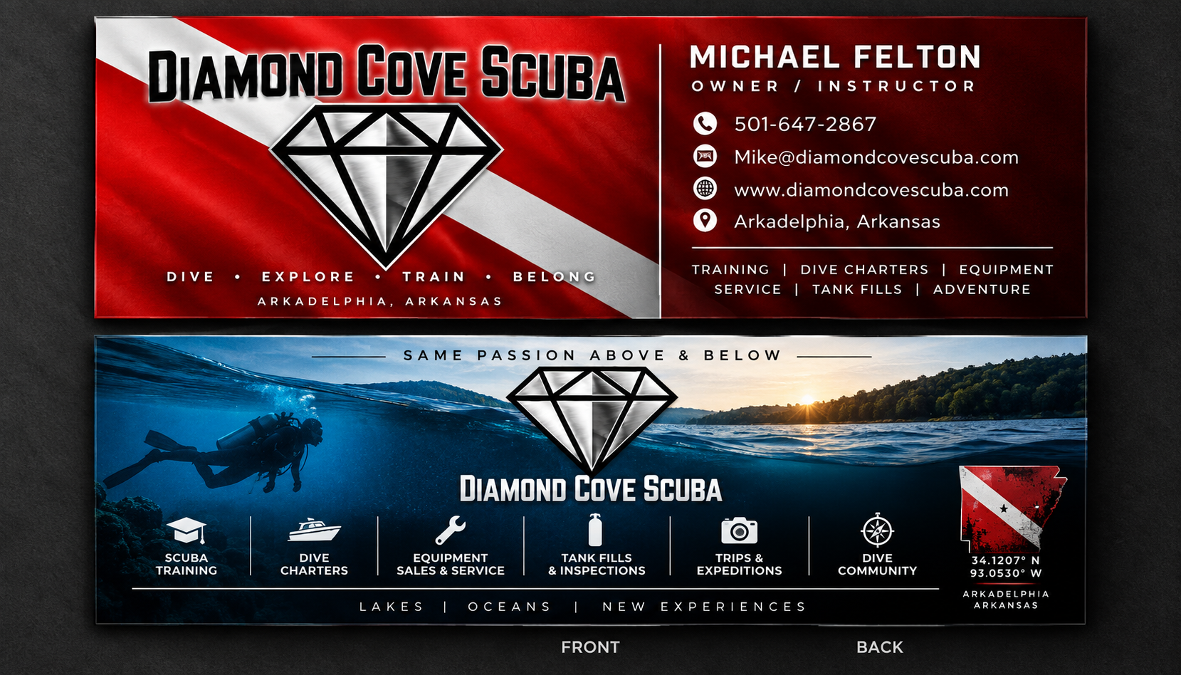 Diamond Cove Scuba red, white and metallic business card branding